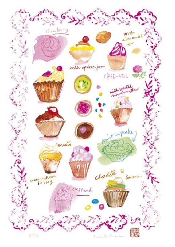 Cupcakes illustration No 2 - 8 X 10 Food art print - Kitchen wall decor