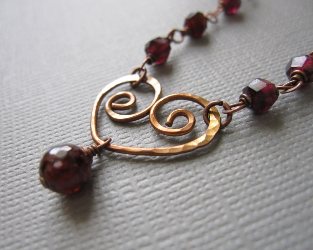 Tough Love Hammered Copper Heart Red Garnet Necklace