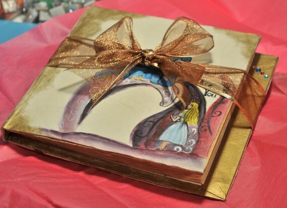 Alice in Wonderland Wedding Guest Book w Tea Stained Paper 10 by 10 inches