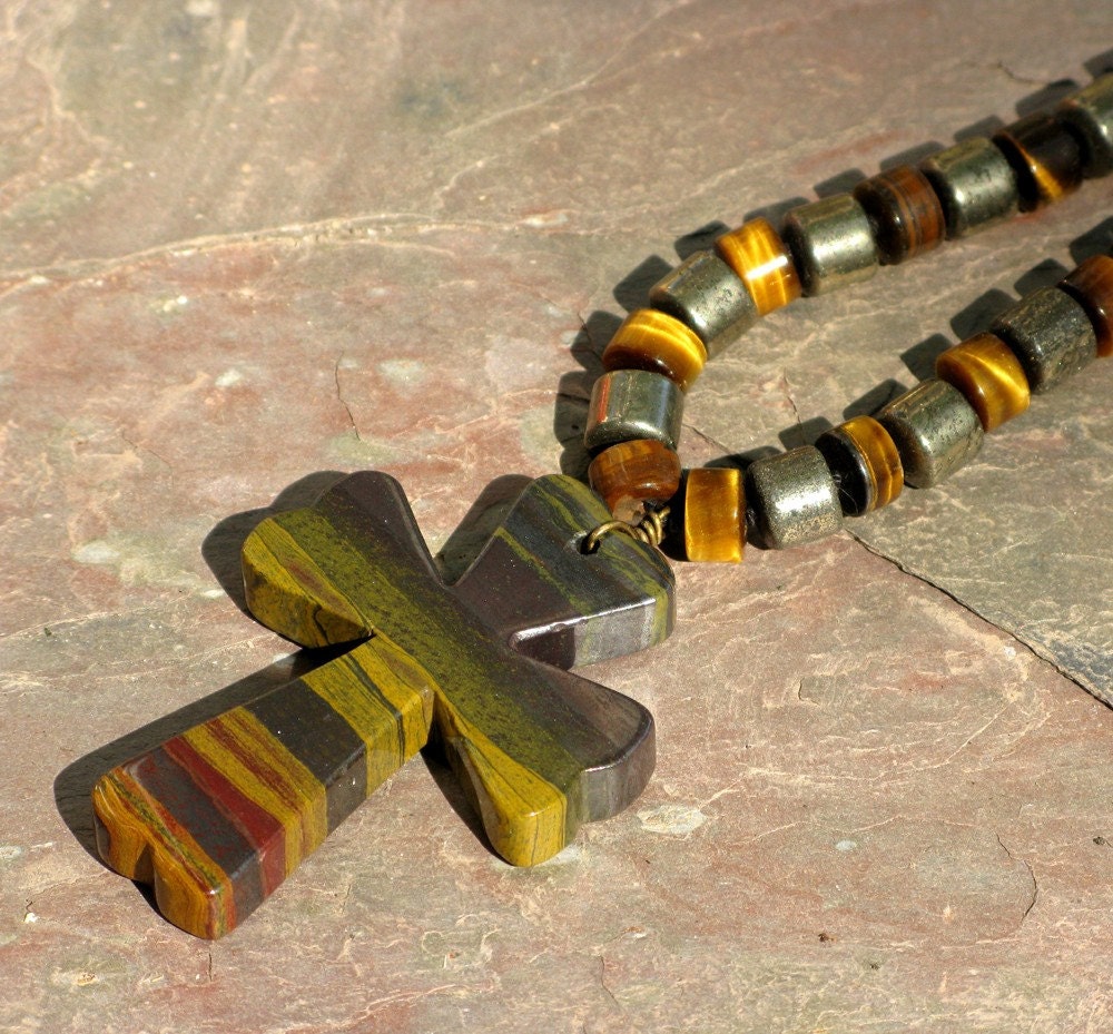 Tiger Iron Cross with Tiger Eye and Pyrite