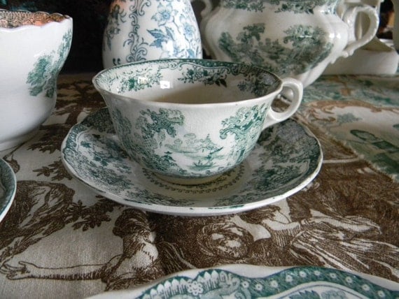 Circa 1891 Teal Transferware Teacup and Saucer Adams Staffordshire Fairy Villas