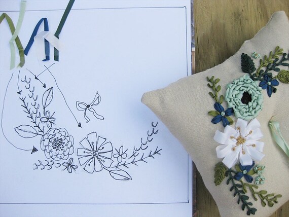 CUSTOM ring pillow, ribbon embroidered flowers and foliage