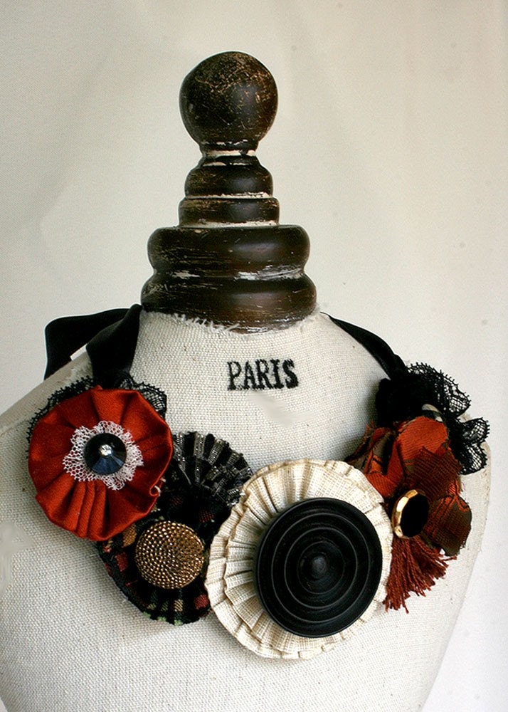 Red, Black Lace and Ivory Blooms Floral Bib Statement Necklace