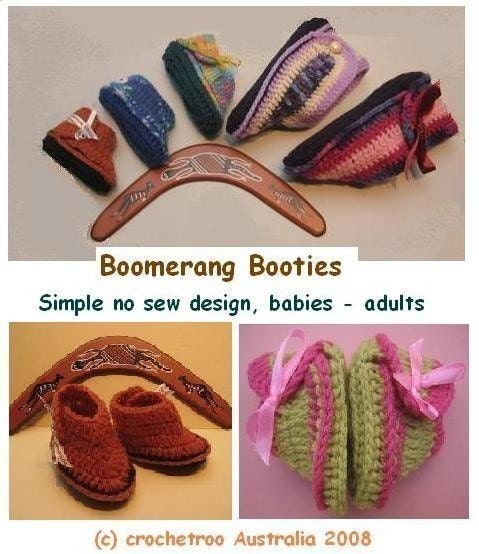 Boomerang Booties - crochet patterns (baby to adult sizes)