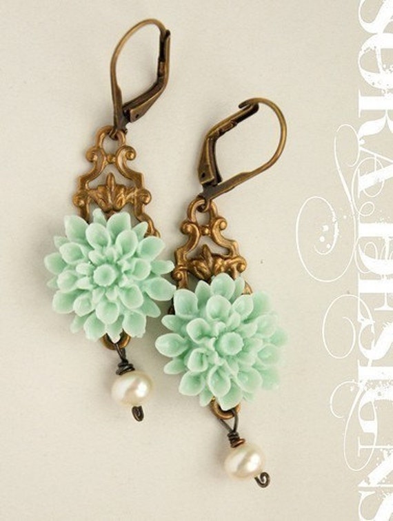 Seafoam Flower Earrings - aqua, mint dahlia flower and pearls bronze chocolate filigree earrings
