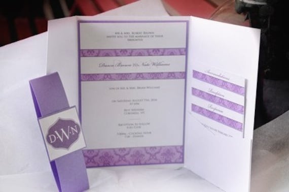 tri fold purple damask wedding invitation