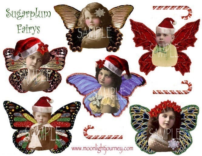 SuGaRpLuM fAiRyS collage sheet faerie fairy faeries wings glitter magnet ornament ornie holiday christmas candy cane poinsettias