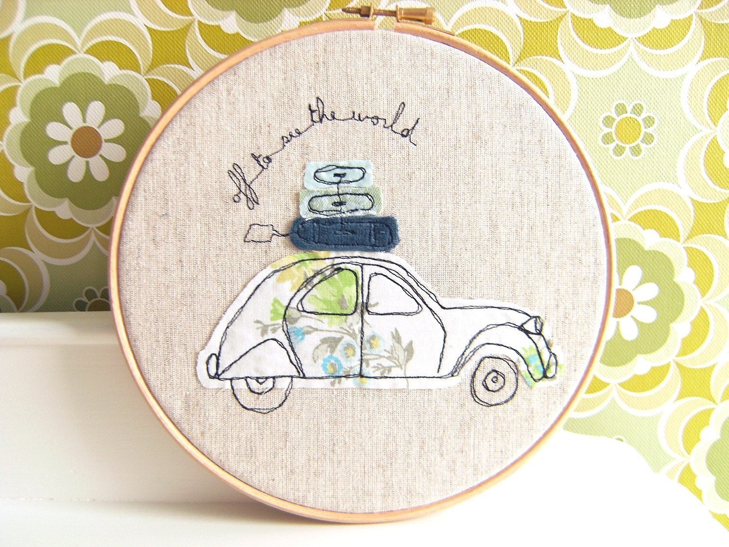 Embroidery Hoop Art - 'Off to see the world' Textile illustration of a French 2CV car in blue & green - 8" hoop