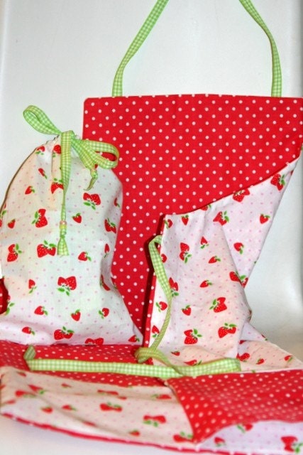 Spots and Strawberries Reversible Cotton Apron sweet for all purpose wear crafts arts gardening or just playing master chef