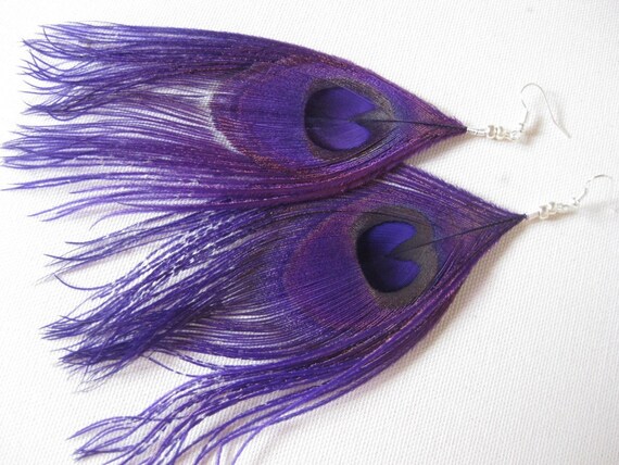 Deep puple peacock feather earrings with silver beads
