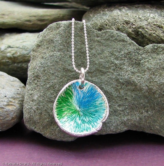 Handmade Necklace Enameled Fine Silver Glass Meditation Organic Zen Yoga Gazing Pool Green Blues on Sterling Silver Ball Chain Air No. 2