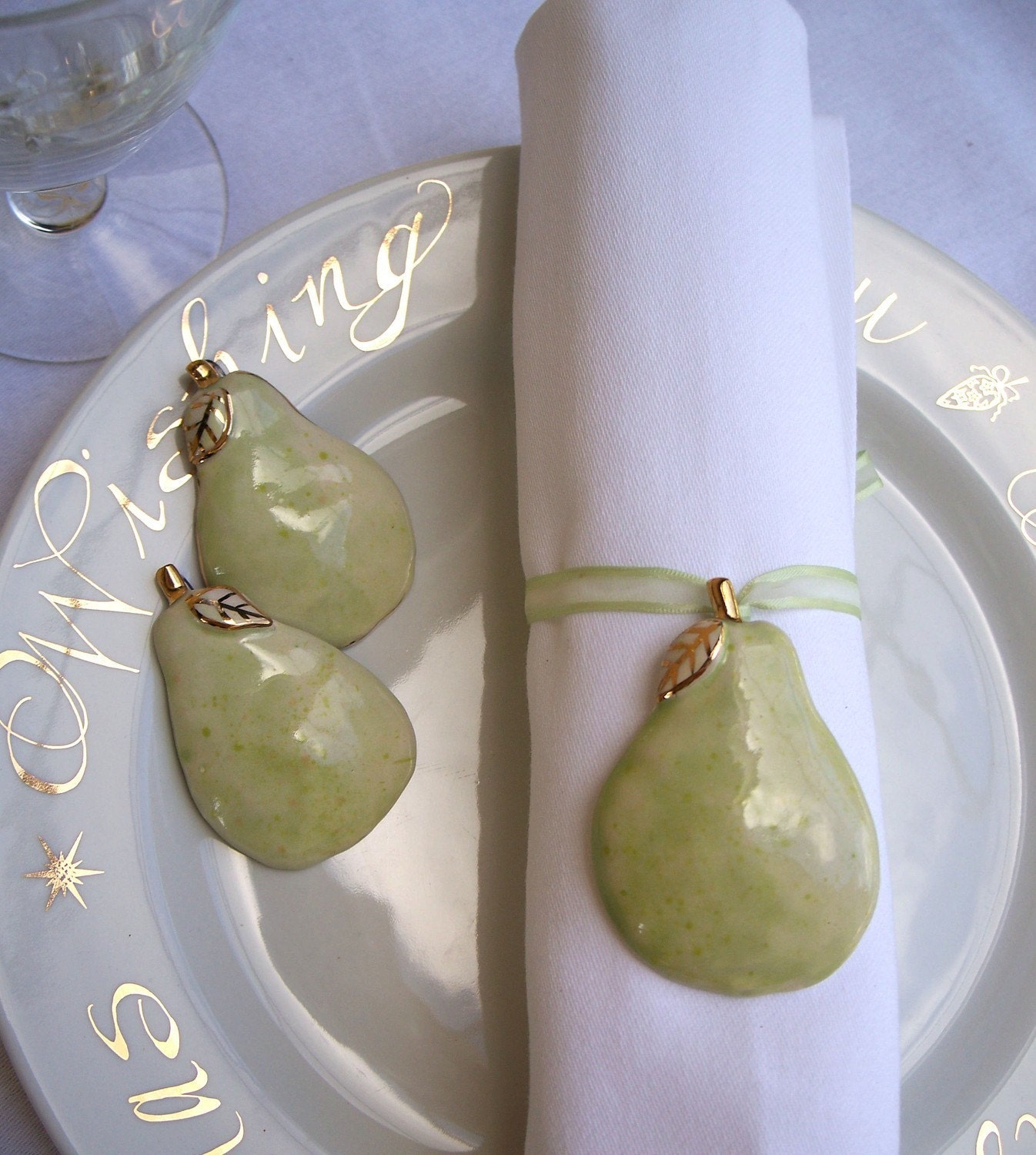 Set of 6 Pear Ornament Wine Tag Napkin Ring