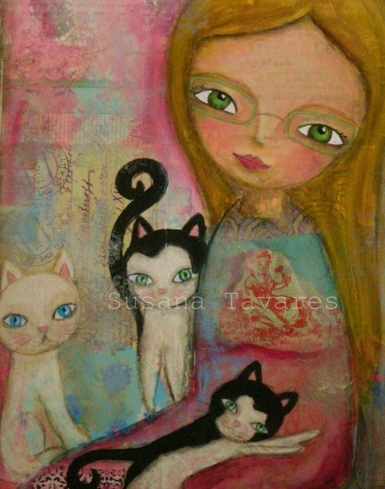 LOVE KITTENS- art Print from original mixed media painting art collage 8 x 10"