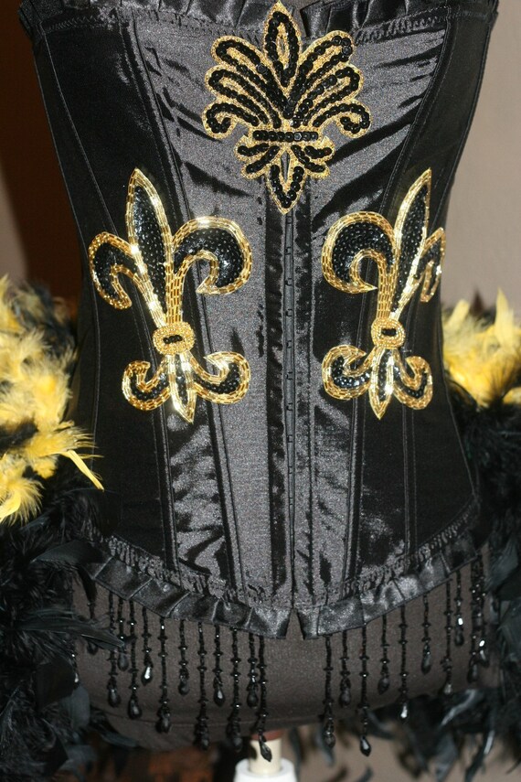 GEAUX SAINTS Burlesque Corset Costume Black and Gold Fleur de Lis