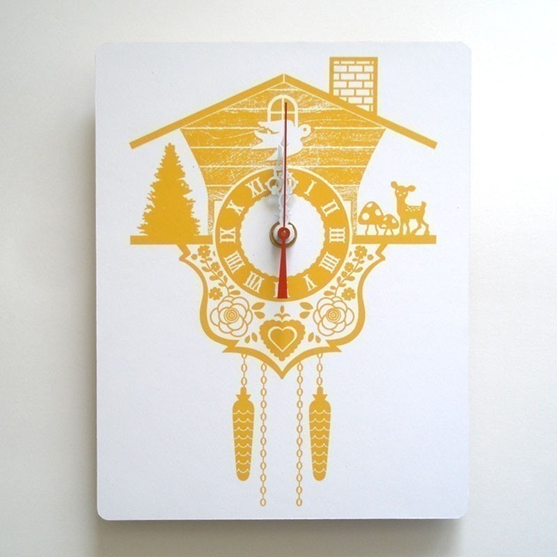 Wall Clock - Cuckoo Clock - Yellow - Wood Panel