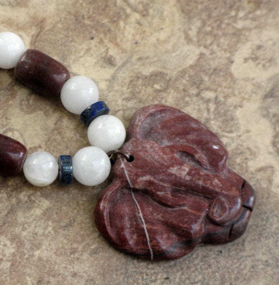 Red, White and Blue Jasper Elephant Necklace