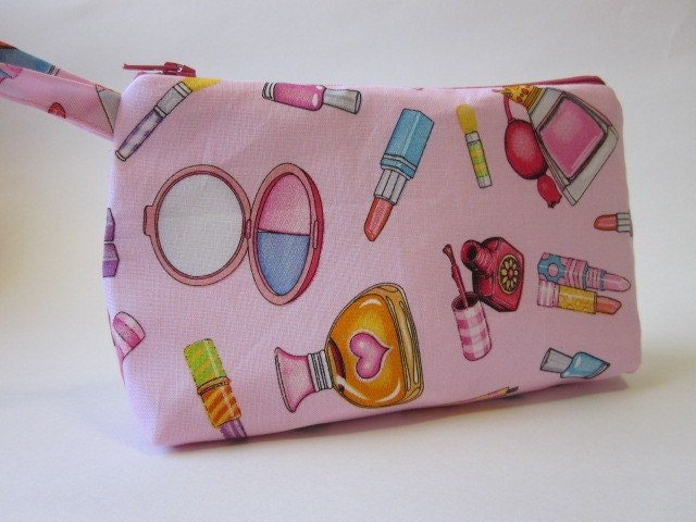 Handmade Pink cosmetic print make up bag