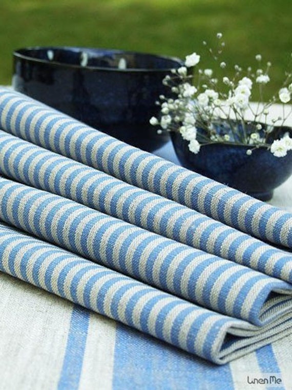 Natural Blue Striped Linen Cotton Napkins Set of 8