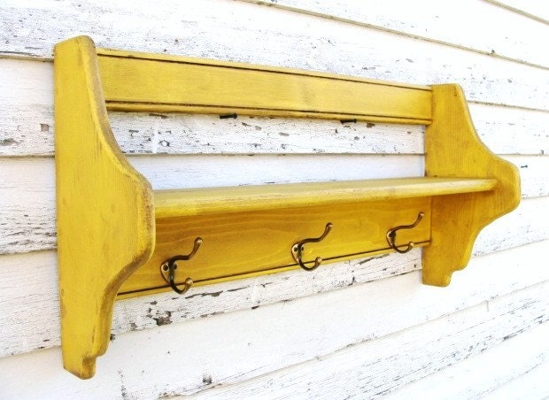 Yellow Wood Shelf with Hooks, for Coats Keys Storage Entryway Foyer Wall Decor for your Home