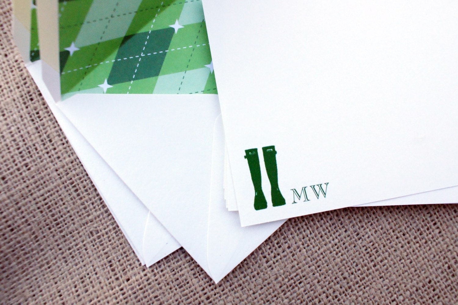 Wellies Note Cards with Argyle Patterned Envelope Liners - Personalized - Set of 8