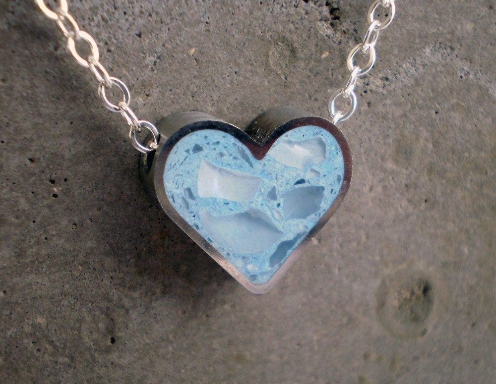 Baby Blue Heart Charm, Powder Blue Concrete, Glass and Stainless Steel - Sterling Silver Necklace