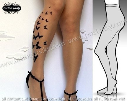 SMALL/MEDIUM sexy BUTTERFLY tattoo tights / stockings/ full length / pantyhose / nylons Light Mocha