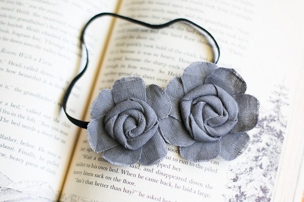 Fabric Flower Headband -"Kerigan" - Double Flower Grey Headband in Smoky Linen