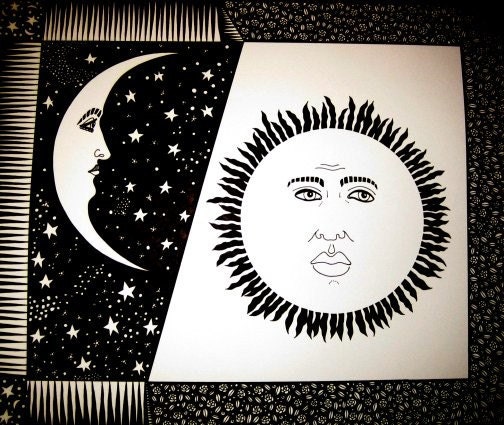 ORIGINAL INK DRAWING Sun and Moon From gogokittenart