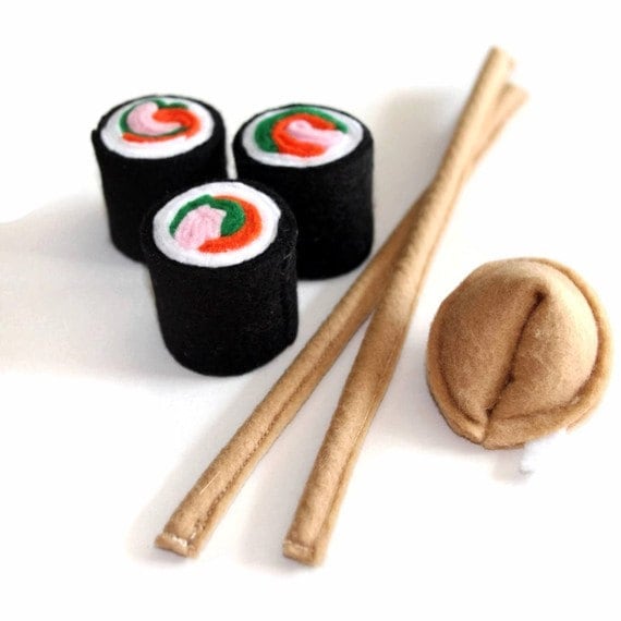 Felt Food- 3 Sushi Rolls, 2 Chopsticks and a Fortune Cookie - Featured in "LUCKY KIDS Magazine" April issue