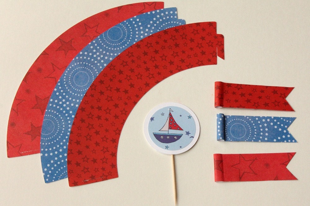Nautical Cupcake Wrappers, Cupcake Toppers and Straw Wrappers - FREE SHIPPING