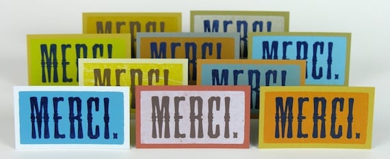 MERCI translates thank you Letterpress Wood Type Mini Cards and Envelopes 20 pack
