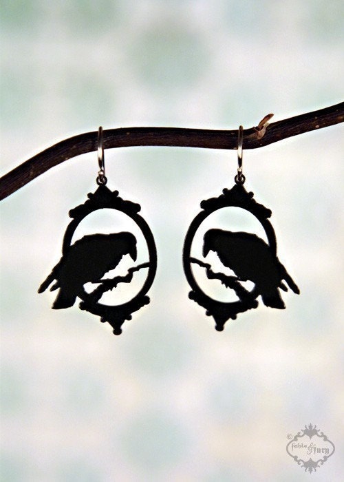 Victorian Raven earrings in black stainless steel - bird cameo earrings silhouette jewelry