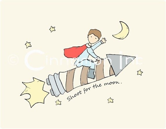 Childrens Art Print - Nursery Art Print - Boys Kids Room Decor - Shoot for the Moon- 8x10