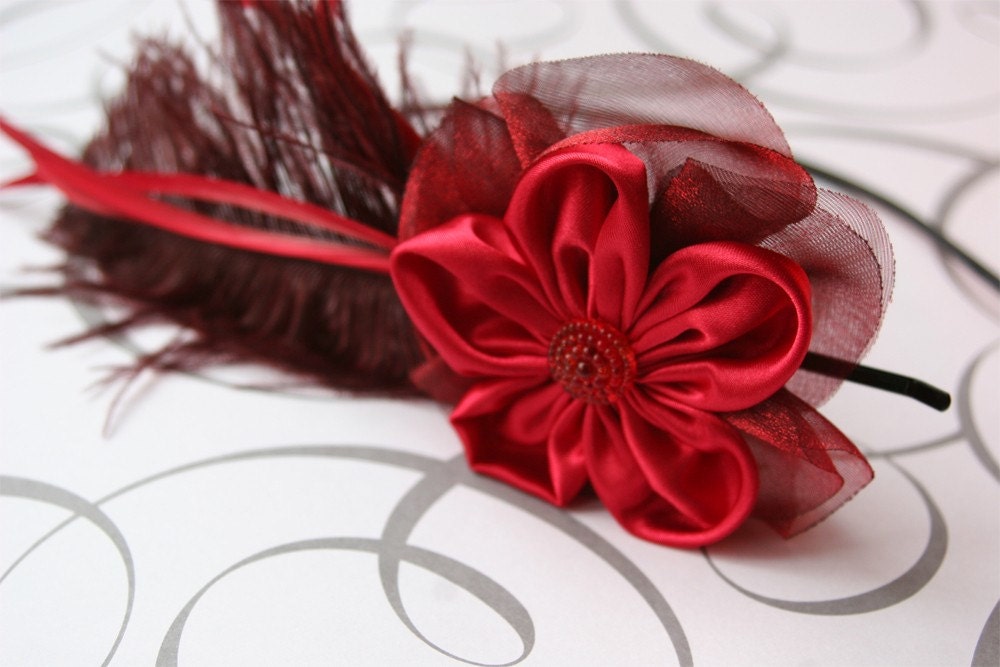 SALE Red Satin and Organza with Plume and Feathers Headband