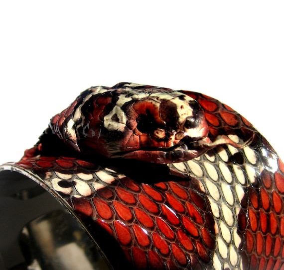 Black, Red, and Ivory Snakeskin Cuff with Snake Head - by UNEARTHED