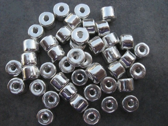 5 SILVER Greek Ceramic 8x7mm Short Tubes Large Holed Metalized