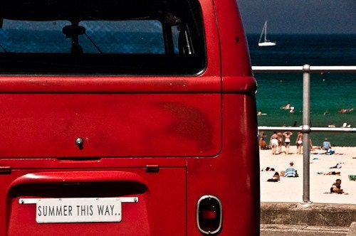Summer this way - 4 x 6 inch fine art photographic print. Iconic red combi. blue sky. torquoise ocean. white sand. bikinis. water babies. bondi beach. sydney. all in the name of summer. Other sizes available