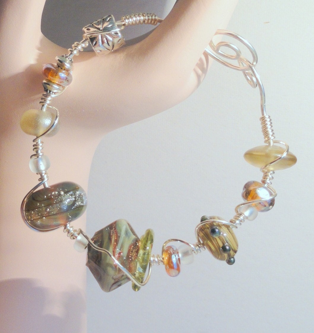 Moondust  Green Gold and Silver Lampwork Bead Wire Wrapped Bracelet