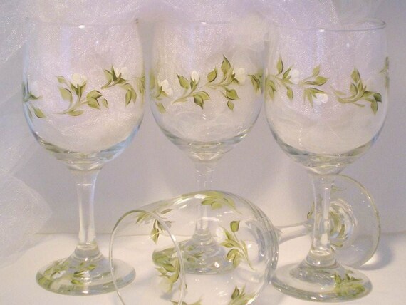 Painted Glasses  - Wine Claret Beverage - Hand Painted Ivory White Rose Buds and Fresh Green Leaves - Set of 4
