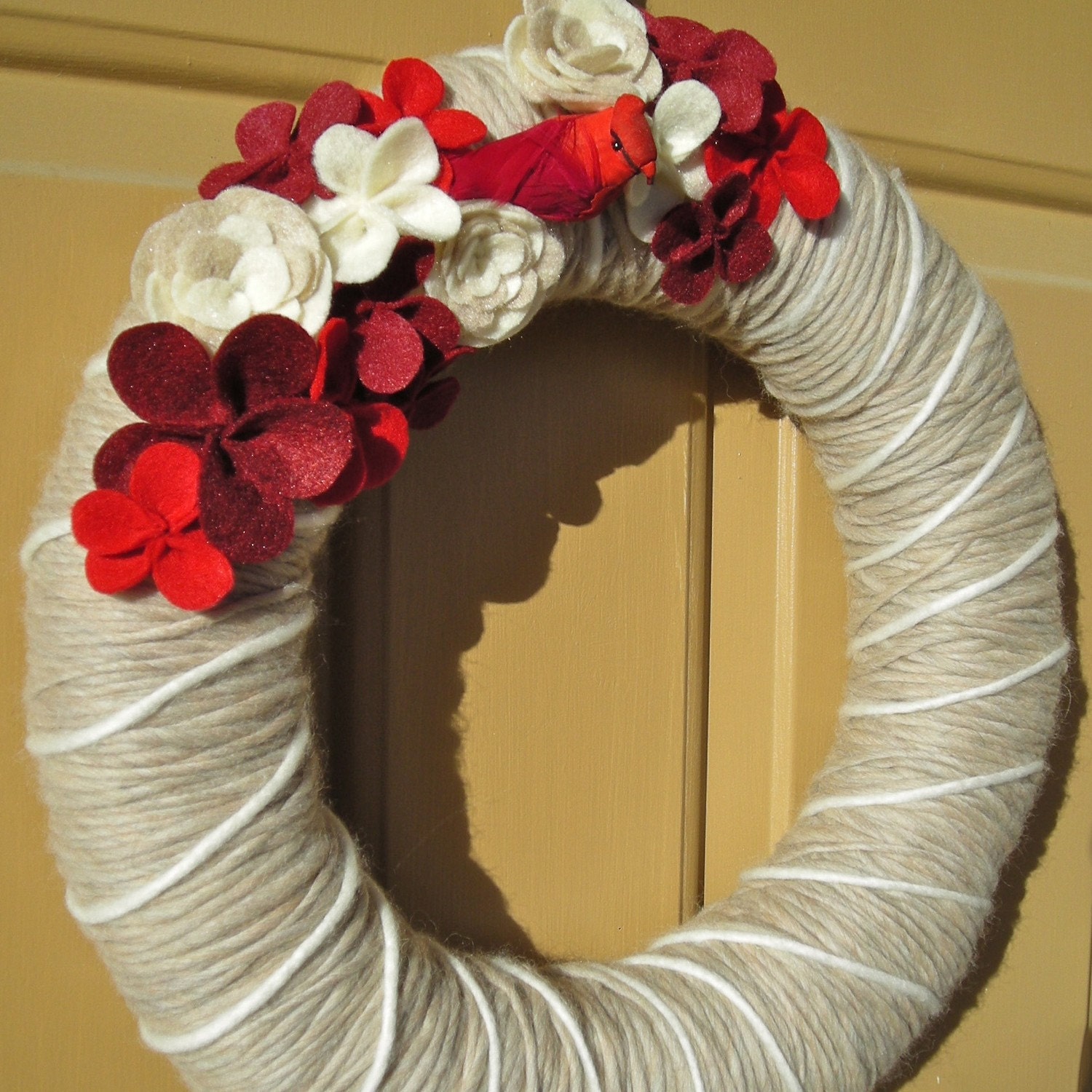 Crimson and Cardinal Yarn Wreath with Felt Flowers