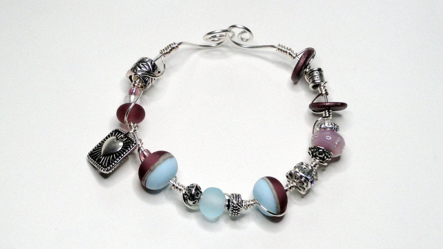 Lavender Clouds Purple and Powder Blue Lampwork Bead Wire Wrapped Bracelet