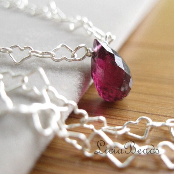 January Birthstone Necklace - Rhodolite Garnet gemstone briolette on sterling heart chain