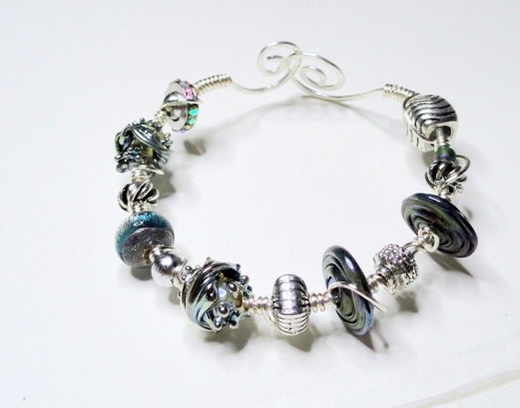 Northern Lights Teal and Silver Lampwork Bead WIre Wrapped Bracelelt