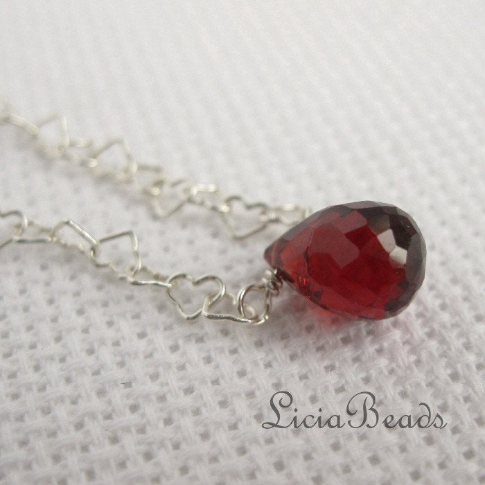 January Birthstone Necklace - Red Garnet gemstone on a dainty sterling silver heart link chain