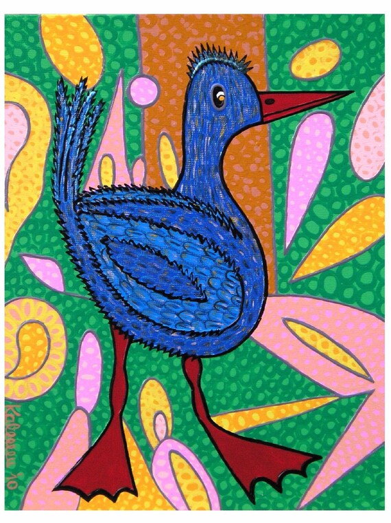 Blue Duck... original painting, 9.1x11.8", 23 x 30 cm, acrylic, cardboard, duck, bird, animal, abstract, fantasy