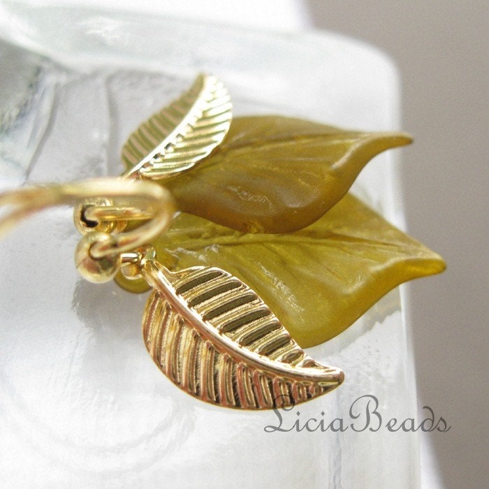 Deciduous - olive green and gold leaf earrings