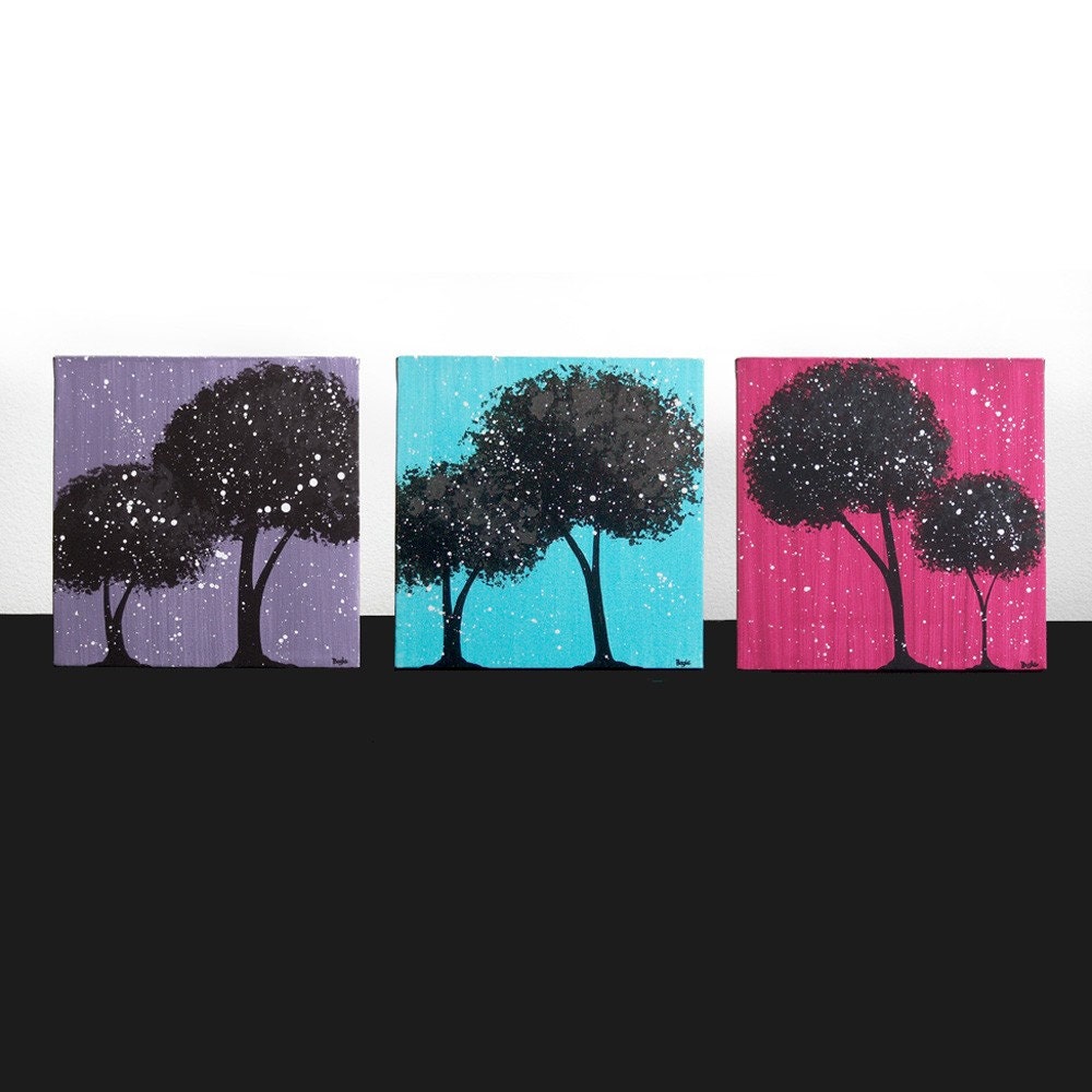Силуэт дерева Живопись - Подростка декора - Оригинальные акрил Триптих Холст 32x10 - бирюзовый, фиолетовый, малиновый