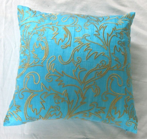 turquoise blue silk oblong throw pillow with golden yellow center band 12X18 inches