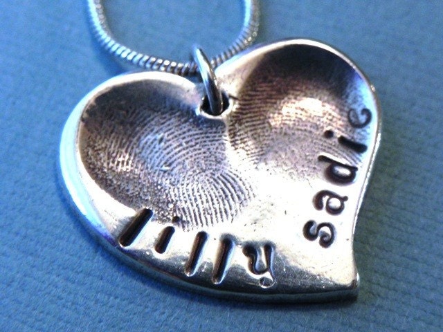Reserved for RD and Sarahlee - Two Child Fingerprints in Fine Silver Personalized Heart Pendant for Necklace- Medium