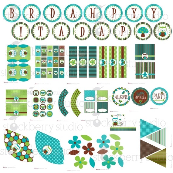 Blue and Green Owl Party Kit Printable PDF